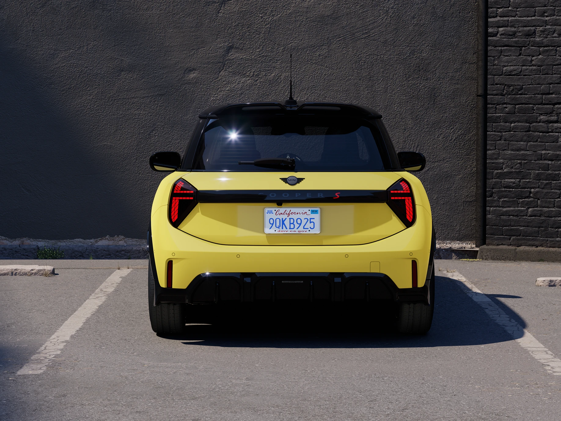 Rear view of the MINI Cooper in Sunnyside Yellow with Black Roof parking.